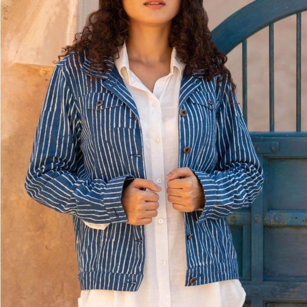 Q/S Designed‎ By Blue & White Stripe Denim Button Down Jean Jacket Size Small